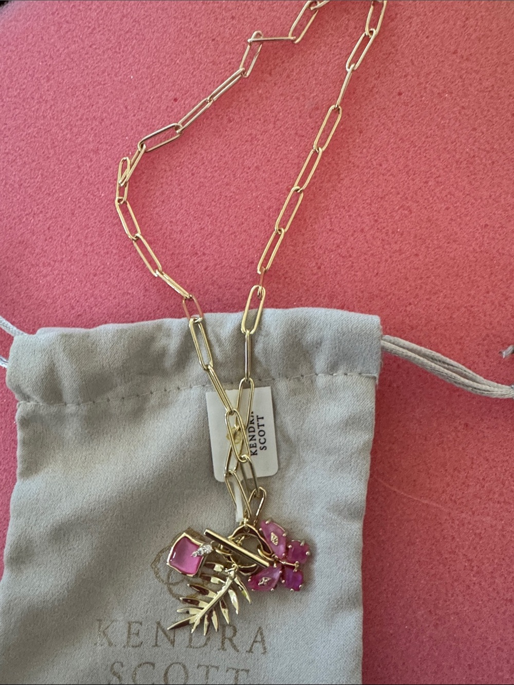 Kendra Scott Gold Paperclip Necklace with Pink Charm Cluster and Leaf Pendant